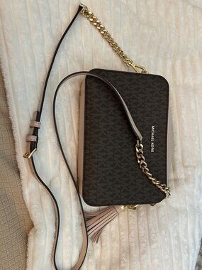 Michael Kors Dark Brown Logo Crossbody with Blush Trim and Gold Chain